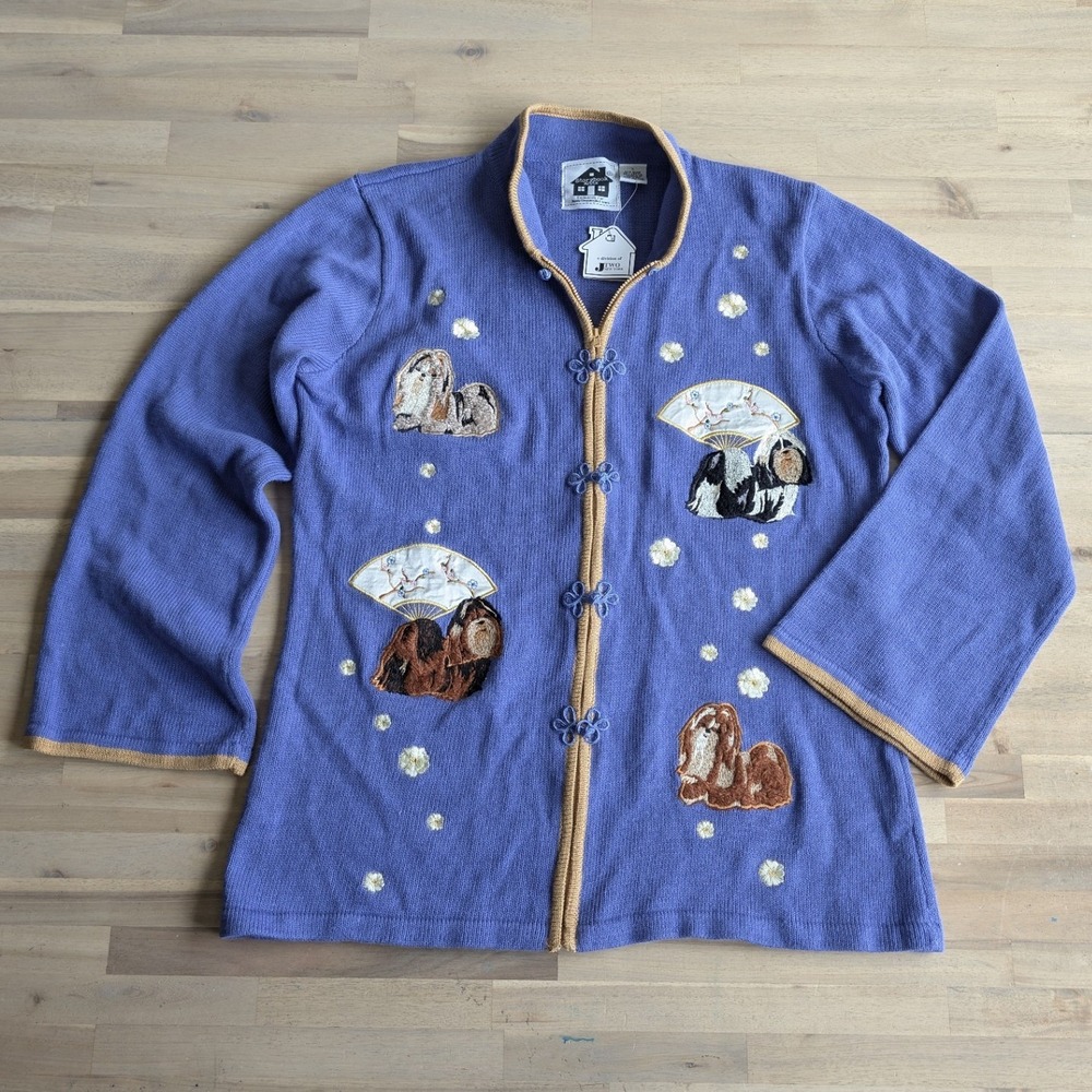Storybook Knits Shih Tzu Pekingese Dog Cardigan Sweater Blue/ Purple Embroidered